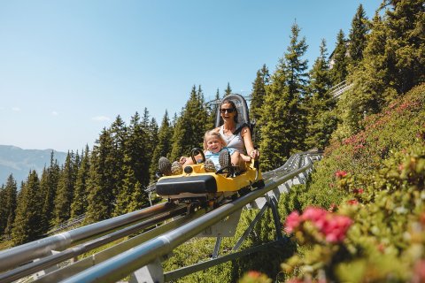 Mutter mit Kind am Lauser Sauer, einer Sommerrodelbahn