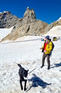 Mann und Hund am Jungfraujoch
                           Top of Europe Schweiz im Schnee